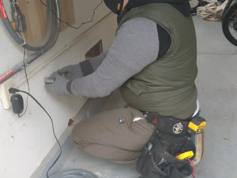 Electrician performing outlet wiring in a Ojai garage